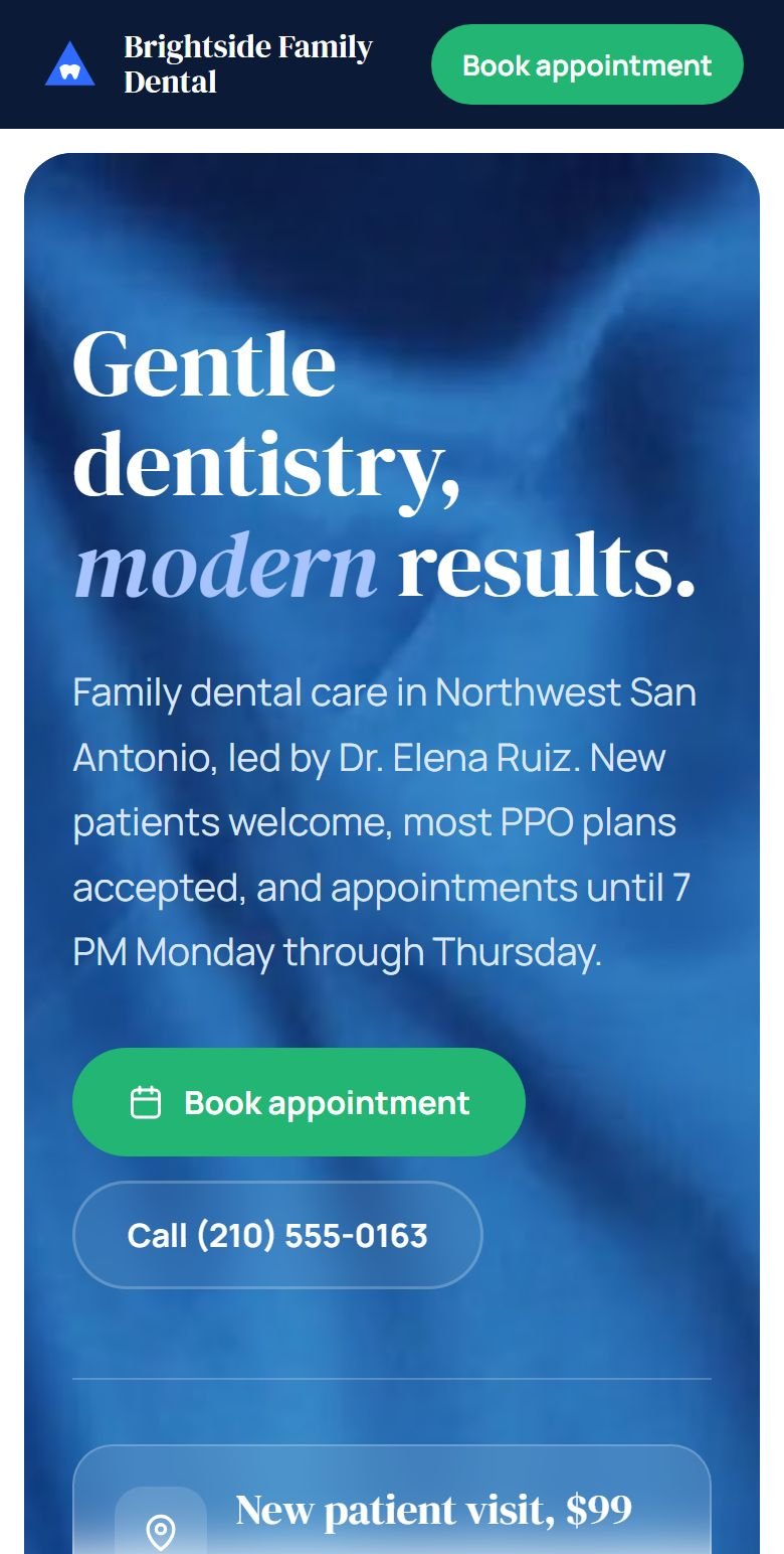 The Brightside Family Dental demo website on a phone
